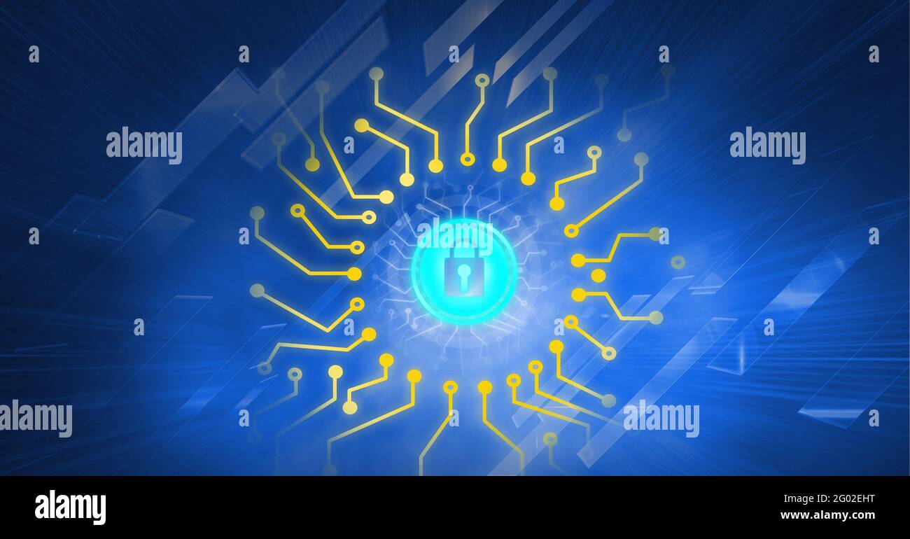 Composition of blue padlock icon with yellow circuits on blue background with reflective rectangles Stock Photo