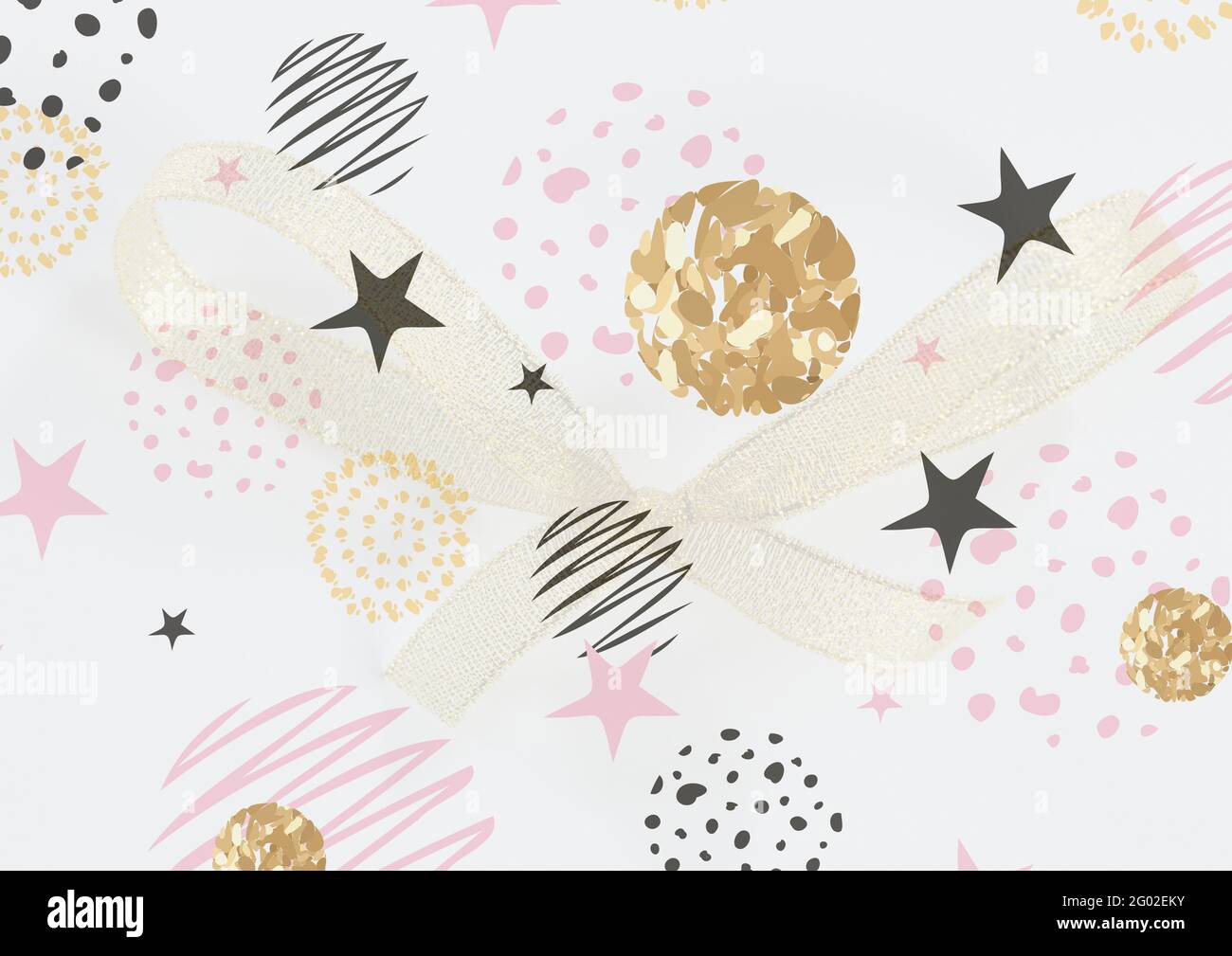 Composition of black stars, gold circles with textural pink and cream elements on white background Stock Photo