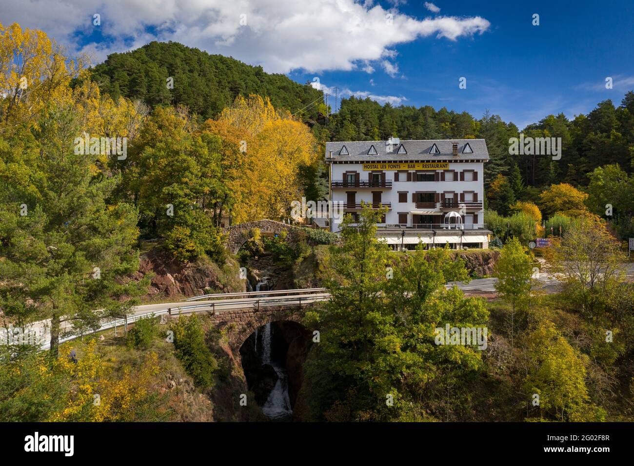 Aerial view of the Llobregat river source on an autumn morning (Berguedà, Catalonia, Spain, Pyrenees) Stock Photo