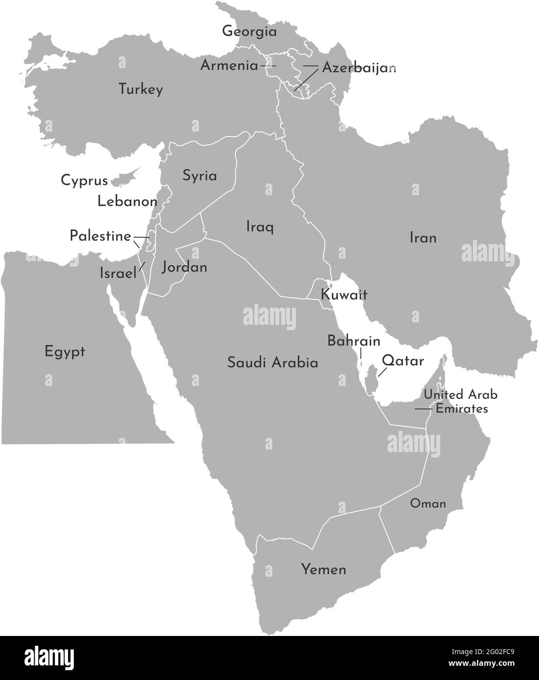 Vector illustration map of Asian countries. Middle East. States borders of Turkey, Cyprus, Jordan, United Arab Emirates, Saudi Arabia, Qatar, Iraq, Ir Stock Vector