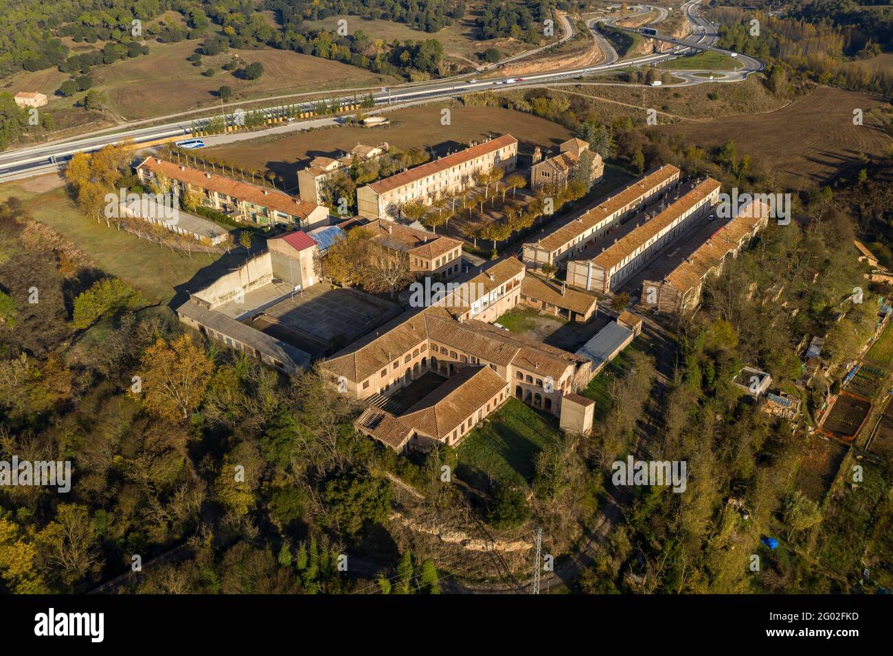 Aerial view of the Cal Vidal textile colony (company town) (Berguedà, Catalonia, Spain) ESP: Vistas aéreas de la colonia textil de Cal Vidal (España) Stock Photo