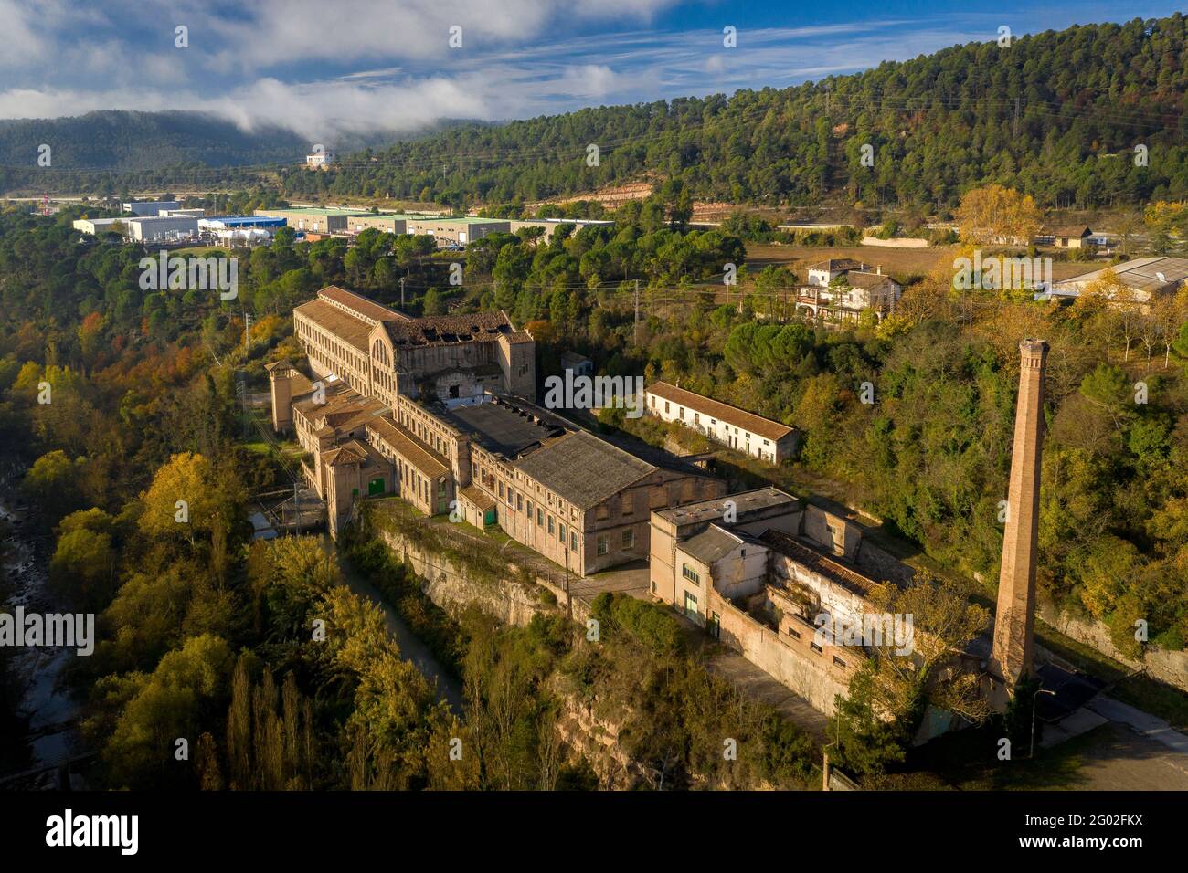 Aerial view of the Cal Vidal textile colony (company town) (Berguedà, Catalonia, Spain) ESP: Vistas aéreas de la colonia textil de Cal Vidal (España) Stock Photo