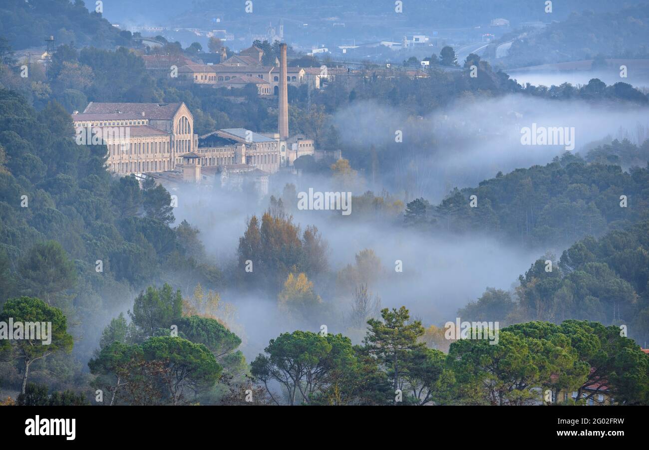 Autumn foggy sunrise in the textile colony (company town) of Cal Vidal (Berguedà, Catalonia, Spain) Stock Photo