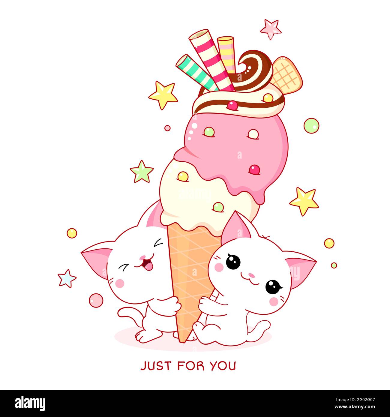 Cute yummy card in kawaii style. Two lovely white cats with ice cream. Inscription So sweet. Vector illustration EPS8 Stock Vector