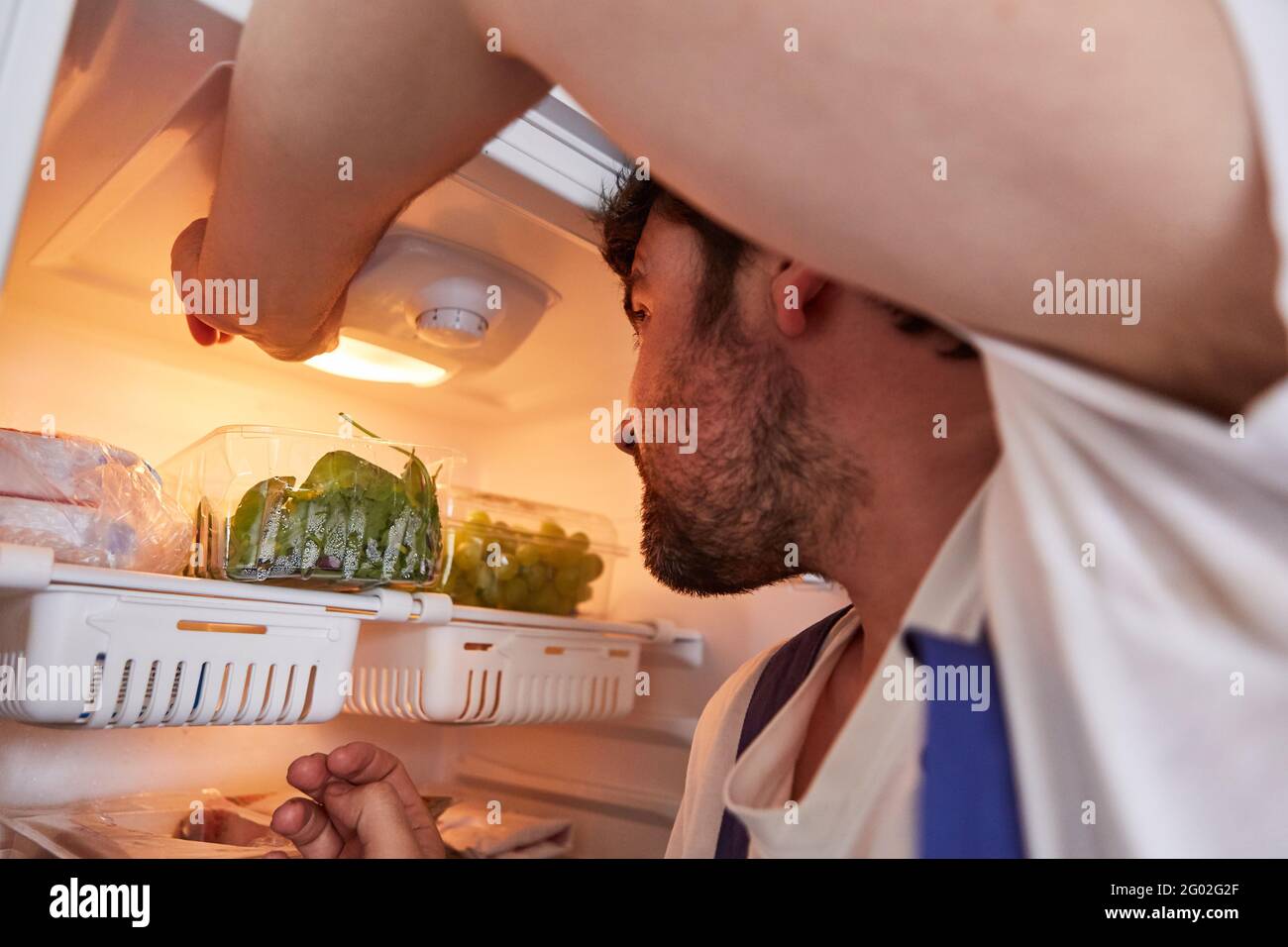 Do-it-yourselfer checks lighting in the refrigerator for sustainable energy saving Stock Photo