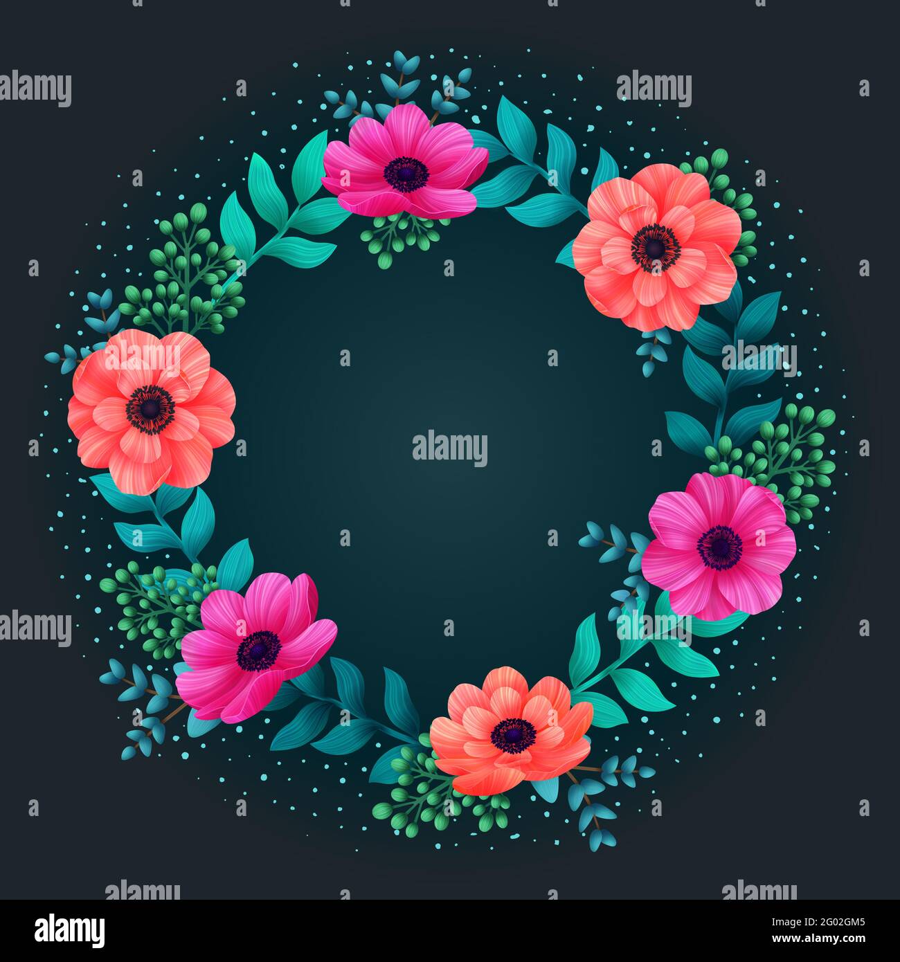 Floral circle frame. Tropical flowers trendy template. Summer Design with  beautiful neon flowers and leaves with copy space on dark background. Invita  Stock Photo - Alamy