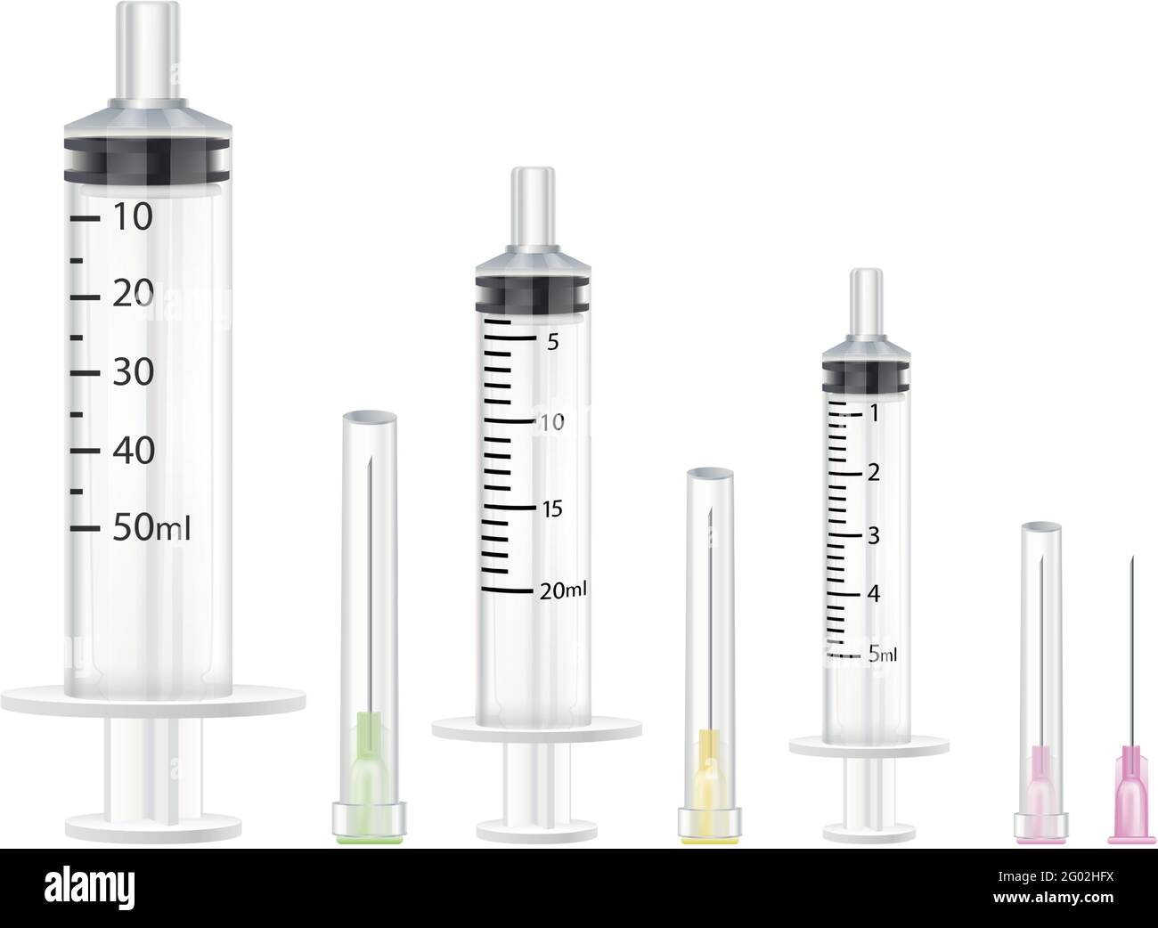 realistic collection of vector syringes and needles. Isolated on white background. Stock Vector