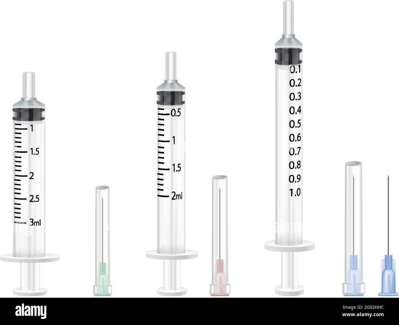 realistic collection of vector syringes and needles. Isolated on white background. Stock Vector
