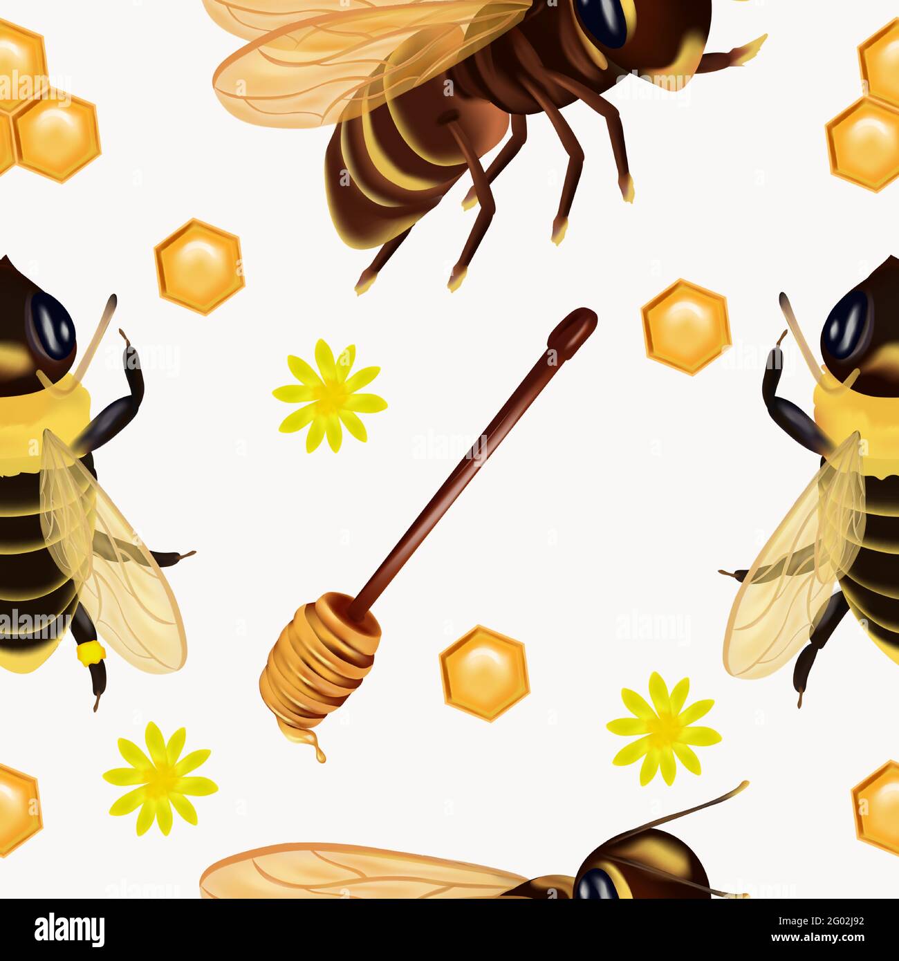 Seamless pattern with insect, wasp, beeswax, honey bee, honey dipper ...