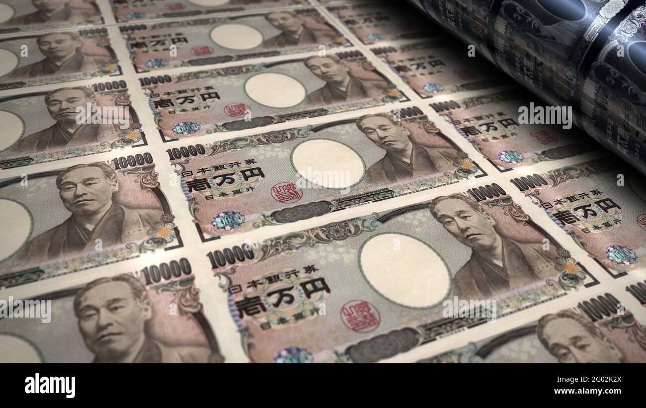 Japanese yen money printing 3d illustration. JPY banknote bundle stacks. Concept of finance, cash, economy crisis, business success, recession, bank, Stock Photo