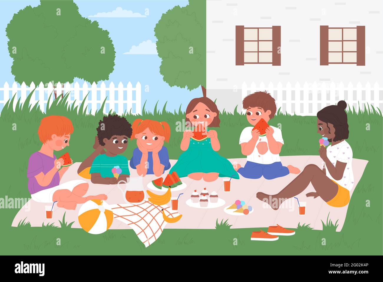 Kids eat picnic food, children friends spend fun time on picnic together in garden vector illustration. Cartoon happy boy girl child character holding watermelon slices, eating ice cream background Stock Vector