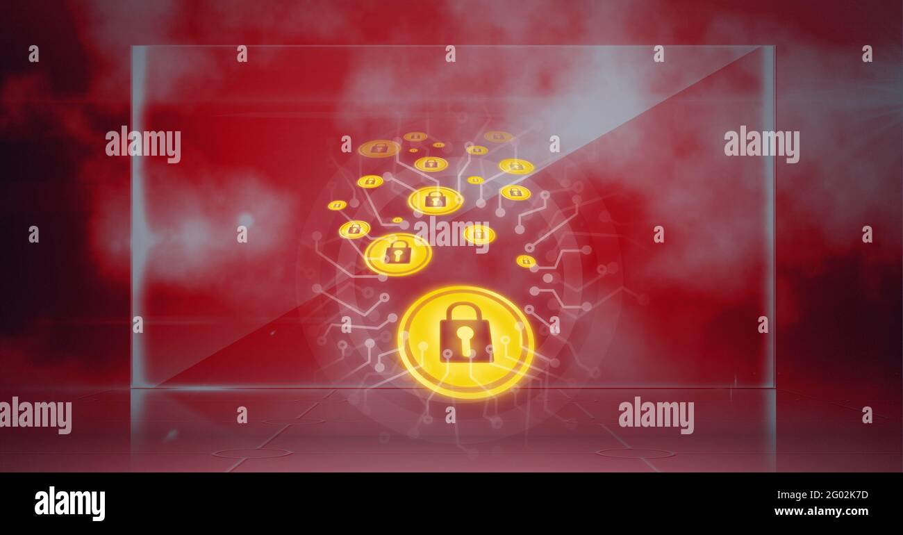 Composition of yellow padlock icons with circuits on transparent screen against red cloud background Stock Photo