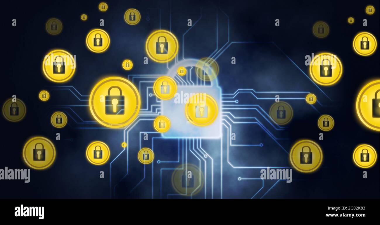 Composition of floating yellow padlock icons over glowing white padlock and circuitboard on black Stock Photo