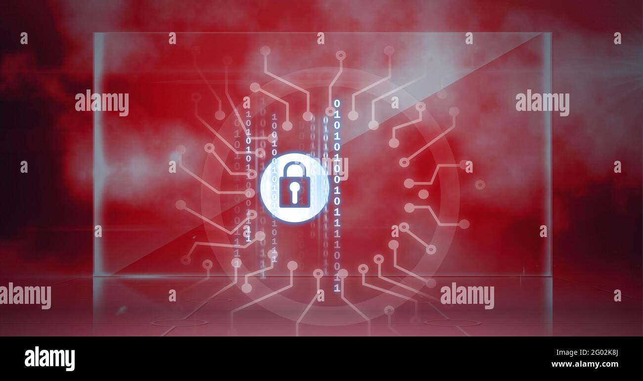 Composition of white padlock icon with circuits on transparent screen against red cloud background Stock Photo