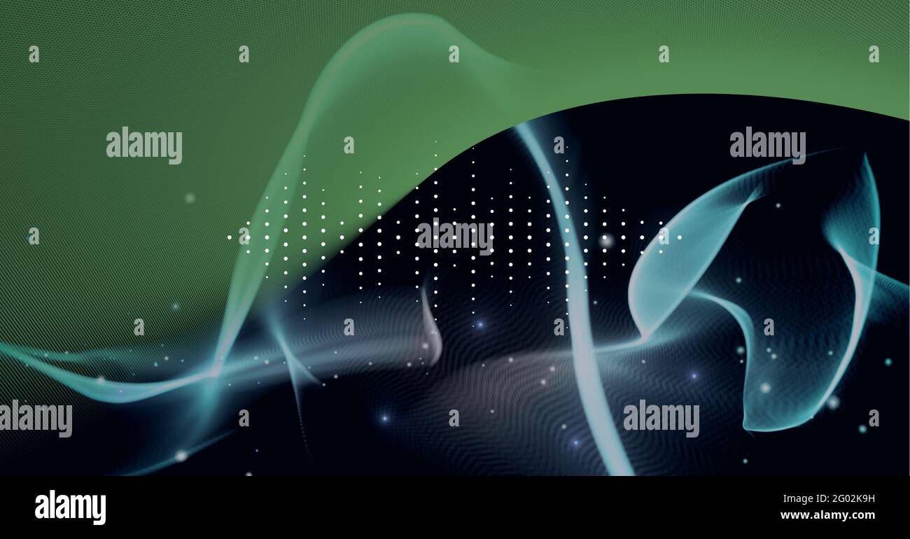 Composition of white sound frequency level dot meter on green and black background with smoke trails Stock Photo
