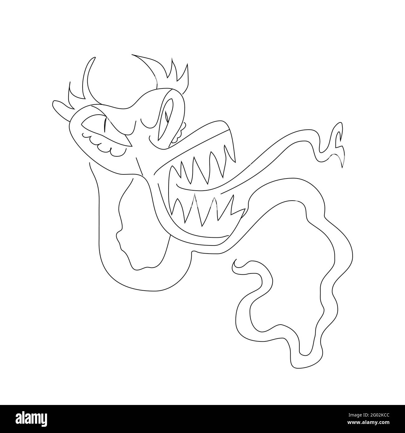 Scary worm monster, black and white sketch. Funny evil serpent or dragon. Dangerous parasite fantastic animal. Stock Vector
