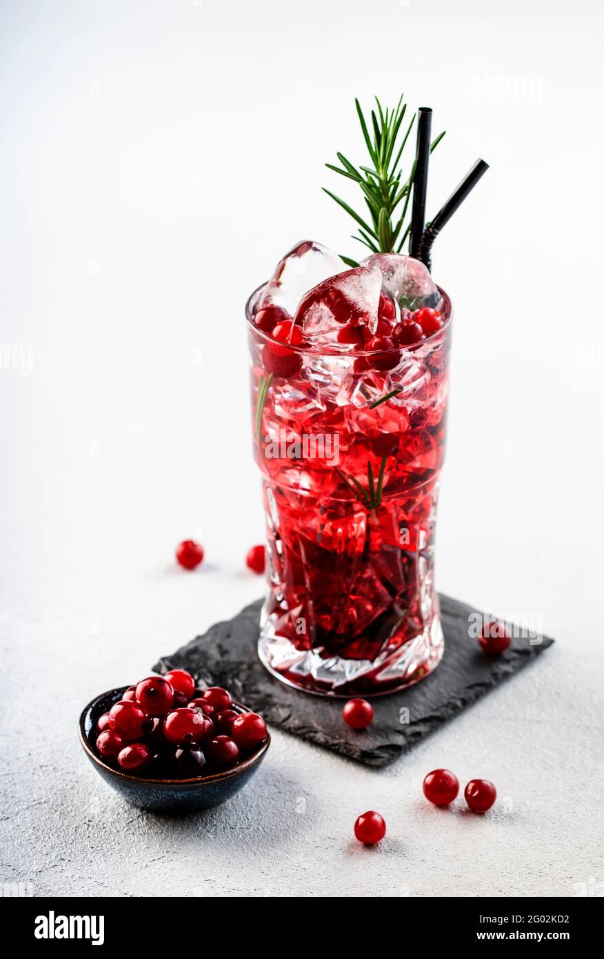Cranberry, vodka, gin alcoholic cocktail with ice, rosemary and berries