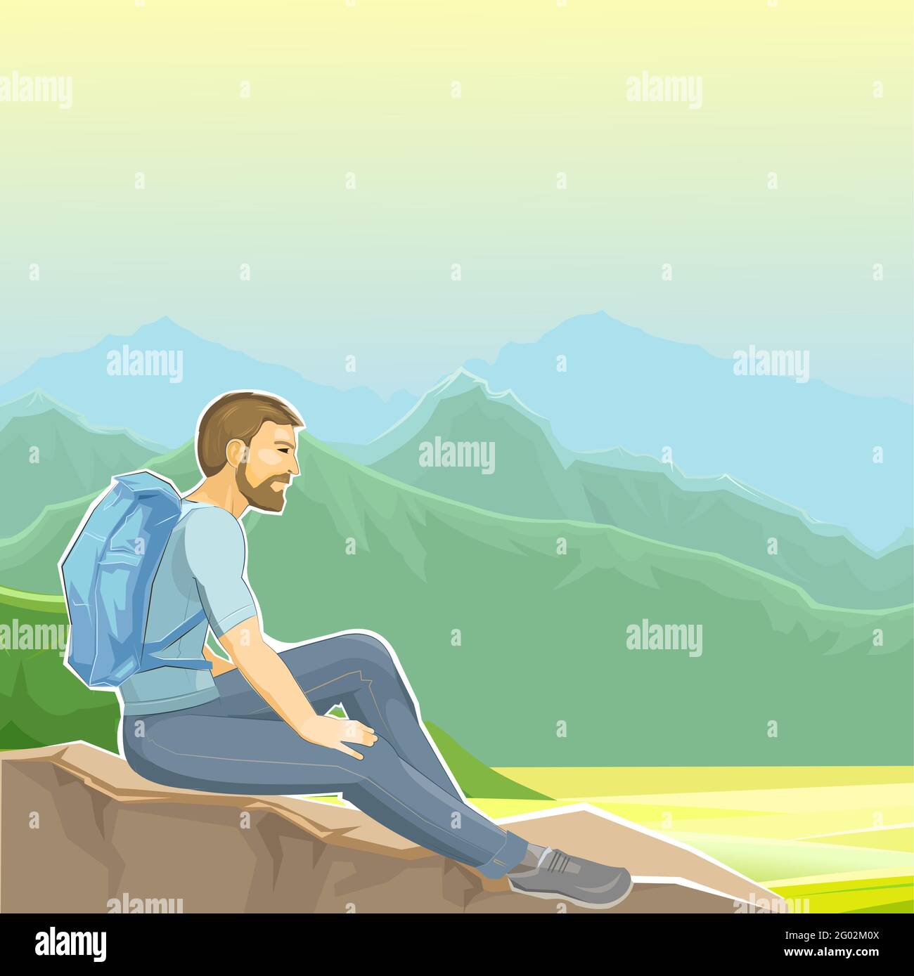 Man sits on cliff. Stone rock. Climber is resting at height. A hiker with a backpack admires the view. Adventure over the horizon. Nature, landscape, Stock Vector