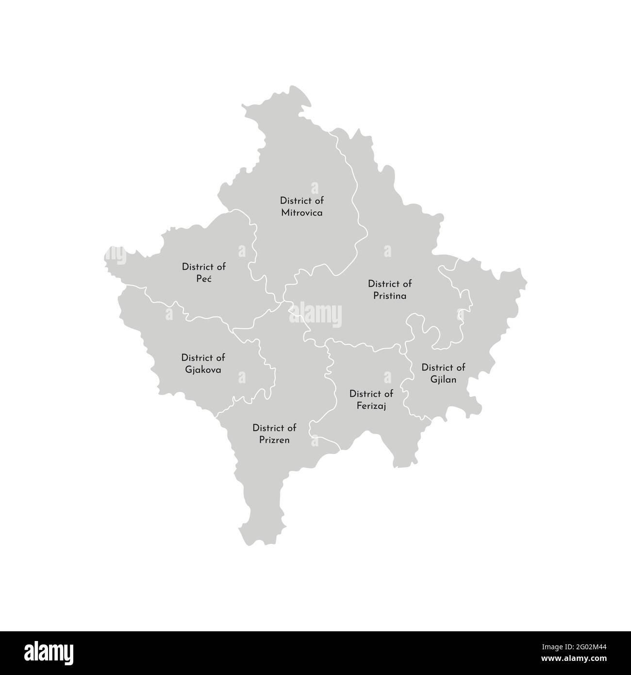Vector isolated illustration of simplified administrative map of Kosovo. Borders and names of the districts. Grey silhouettes. White outline. Stock Vector