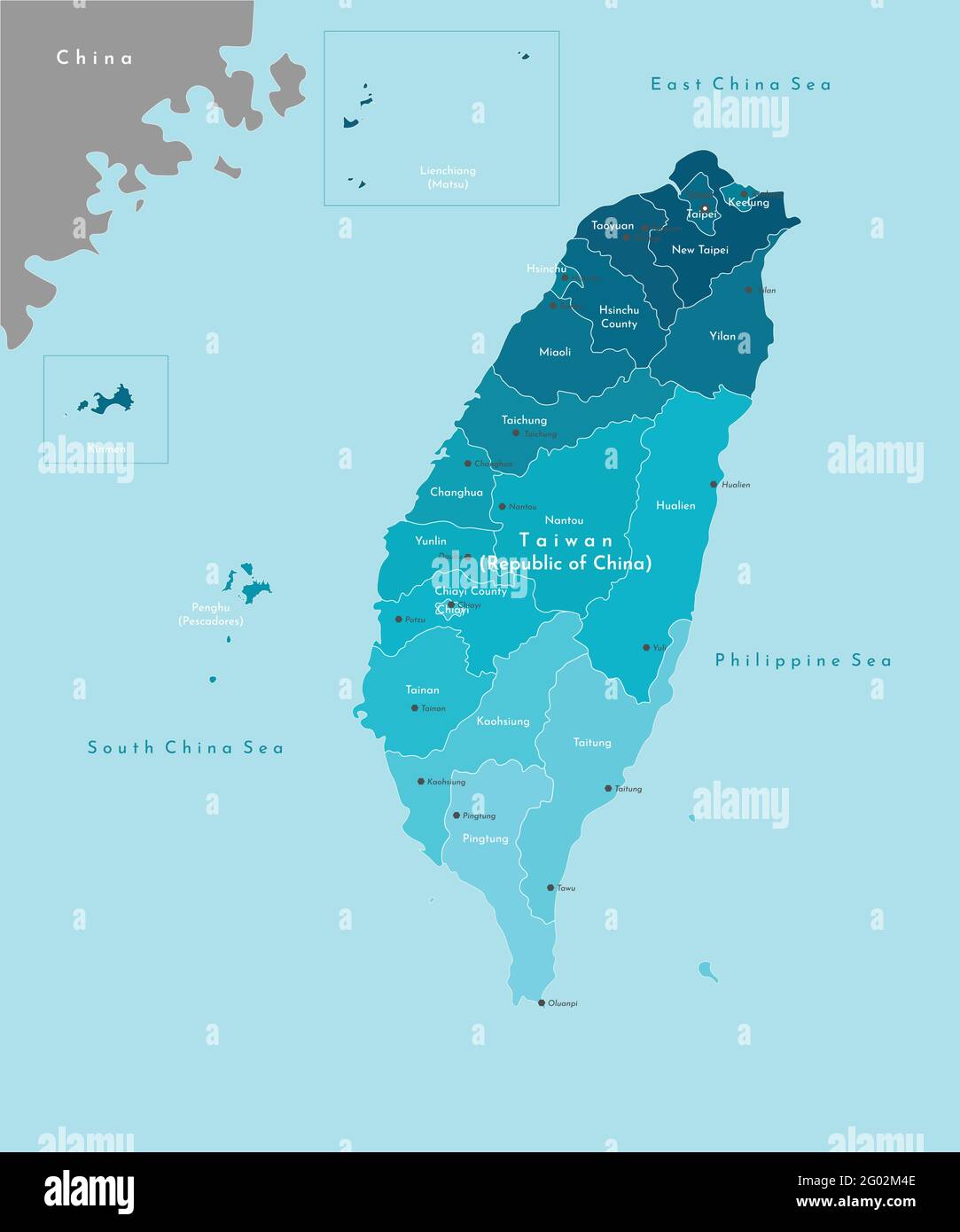 Vector modern illustration. Simplified geographical  map of Taiwan (Republic of China) and nearest areas. Blue background of seas. Names of taiwanese Stock Vector