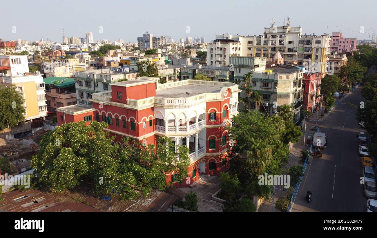 KOLKATA, INDIA - May 16, 2021: Aerial view of Red colored Zamindar Bari(House) at Bhowanipore, Kolkata Stock Photo