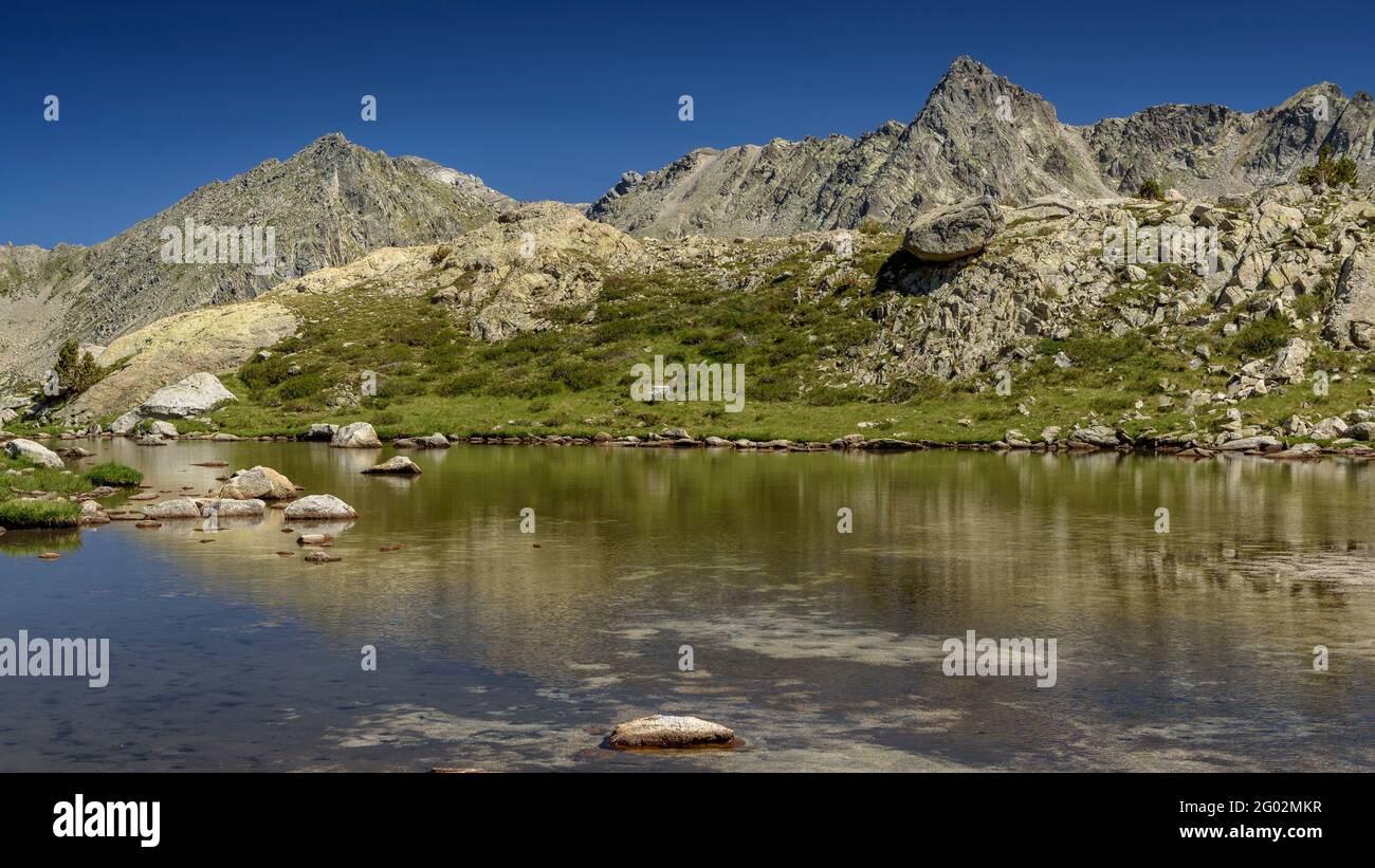 Peguera Valley seen from the Estany Gran de Peguera lake (Aigüestortes i Estany de Sant Maurici National Park, Catalonia, Spain, Pyrenees) Stock Photo