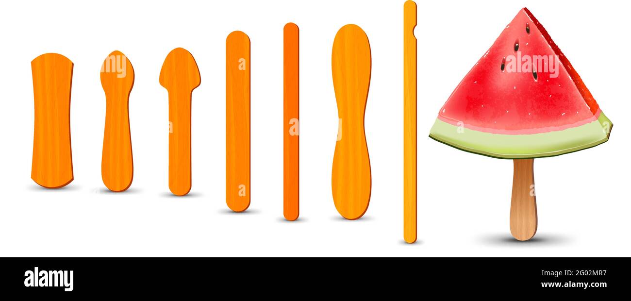 Set of realistic popsicle sticks. Watermelon piece on popsicle stick
