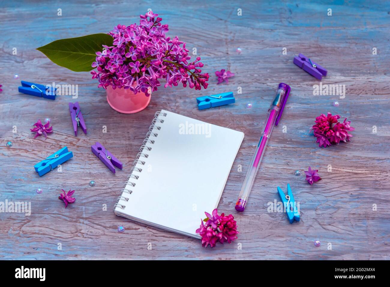 Blank notebook, pen with purple ink, lilac flowers and colorful pegs on vintage wooden painted blue background. Stock Photo