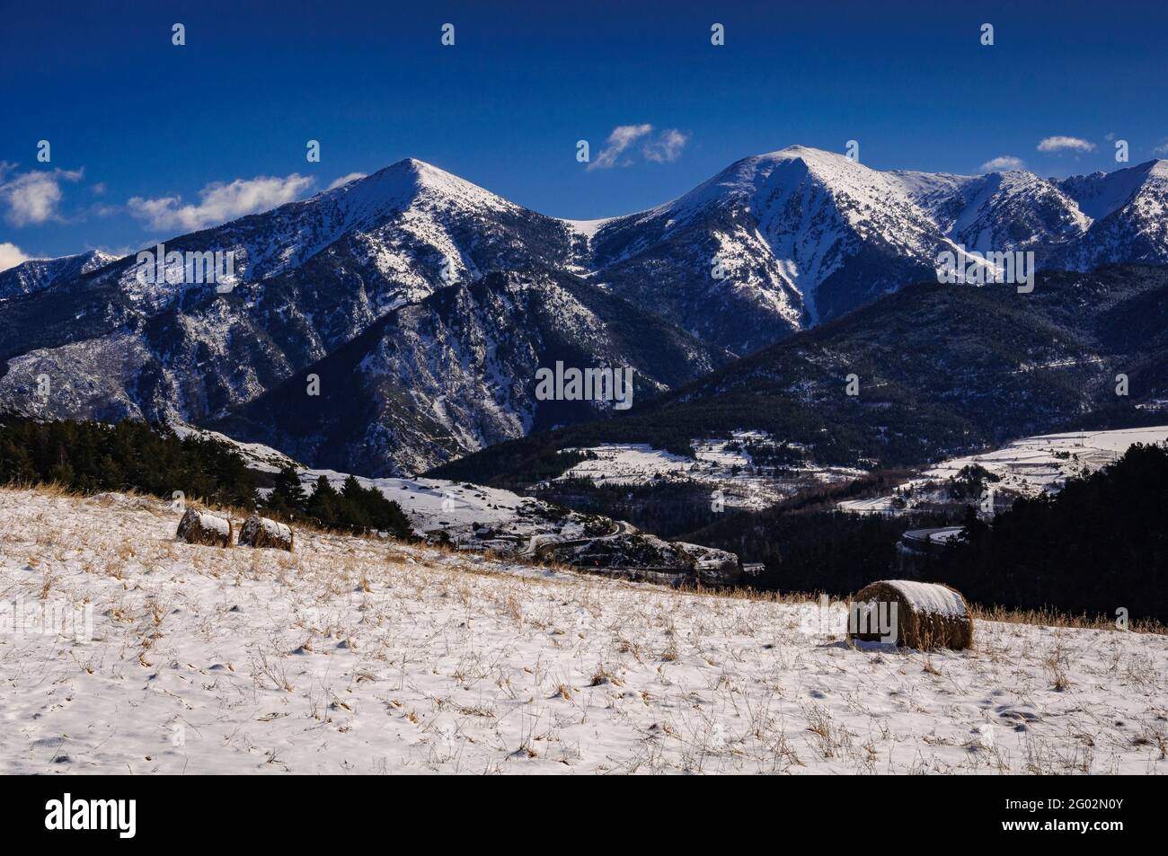 Pyrénées Orientales mountains seen from Mont-Louis village in a winter snowy day (Pyrenees Orientales, Occitanie, France) Stock Photo