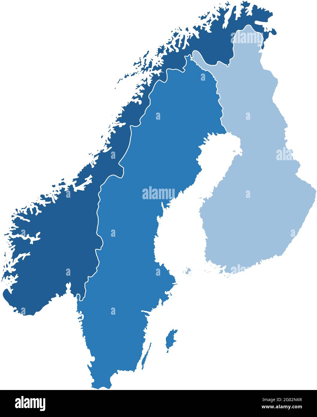 Vector illustration with simplified map of European Scandinavian states (Finland, Norway, Sweden). Blue silhouettes, white outline and background Stock Vector