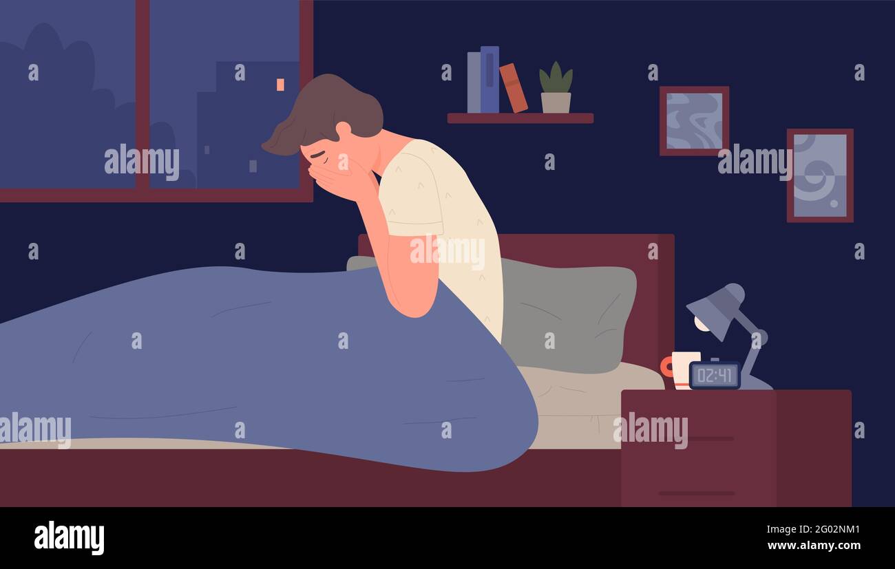 Insomnia at night, sleep mental disorder vector illustration. Cartoon  unhappy tired person awake in fear, sad exhausted young man sitting in bed  after stress nightmare, sleepless night background Stock Vector Image &