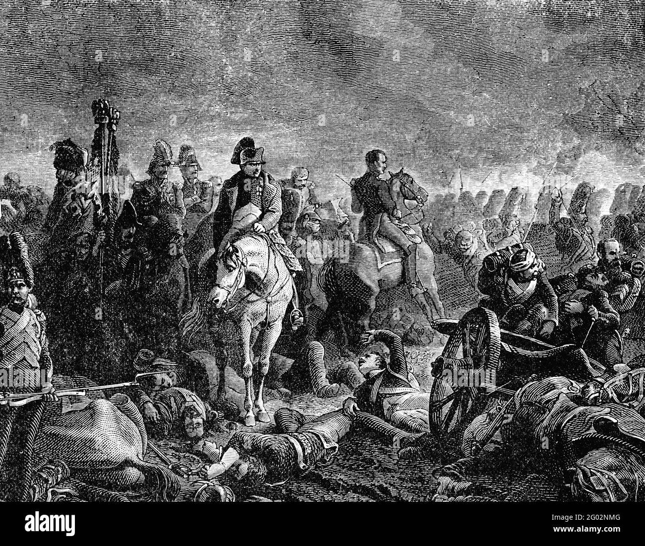 An engraved vintage illustration image of Napoleon Bonaparte with his army at the Battle of Waterloo, from a Victorian book dated 1883 that is no long Stock Photo