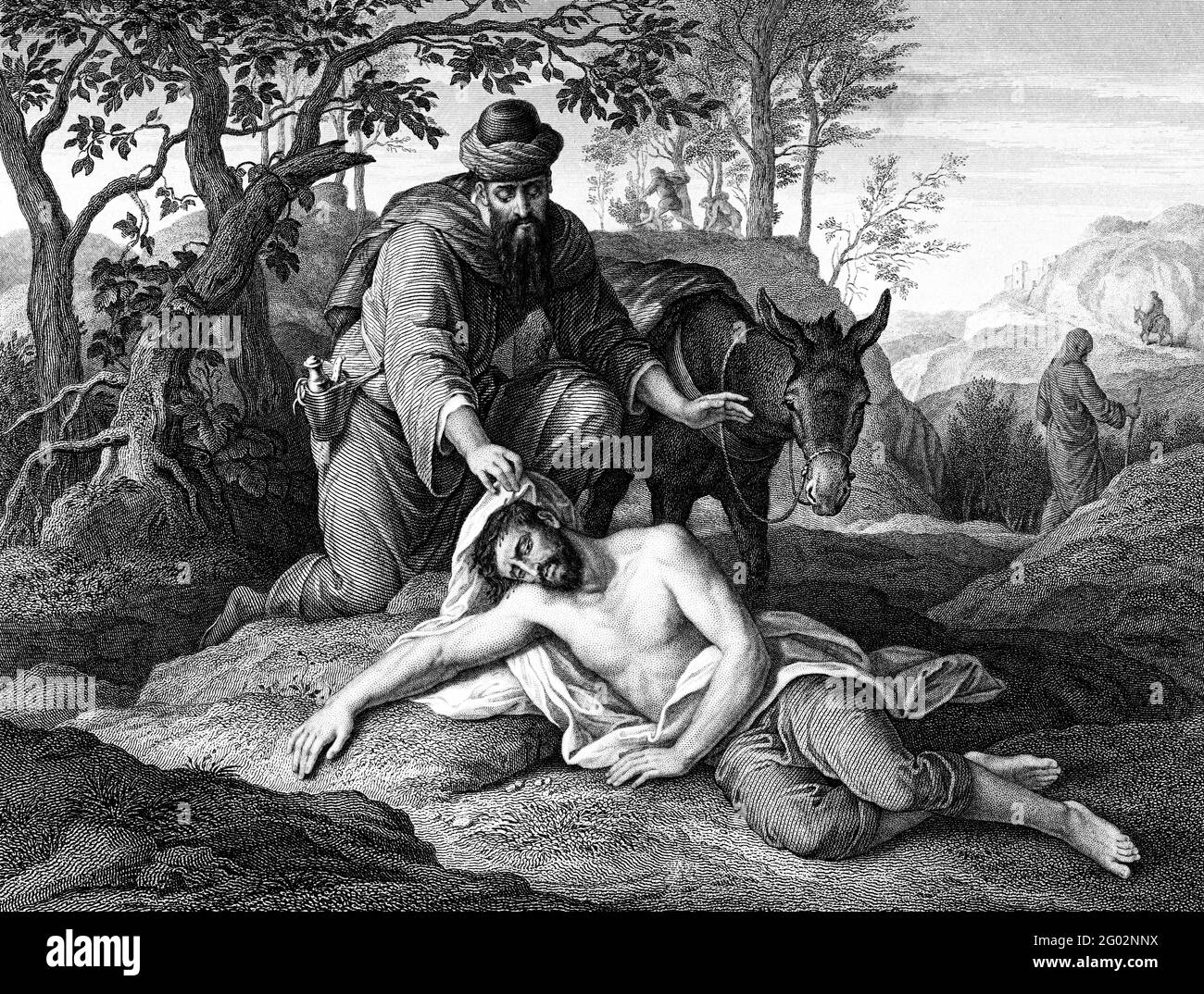 An engraved vintage illustration image of  the parable of the Good Samaritan, from a Victorian book dated 1879 that is no longer in copyright Stock Photo