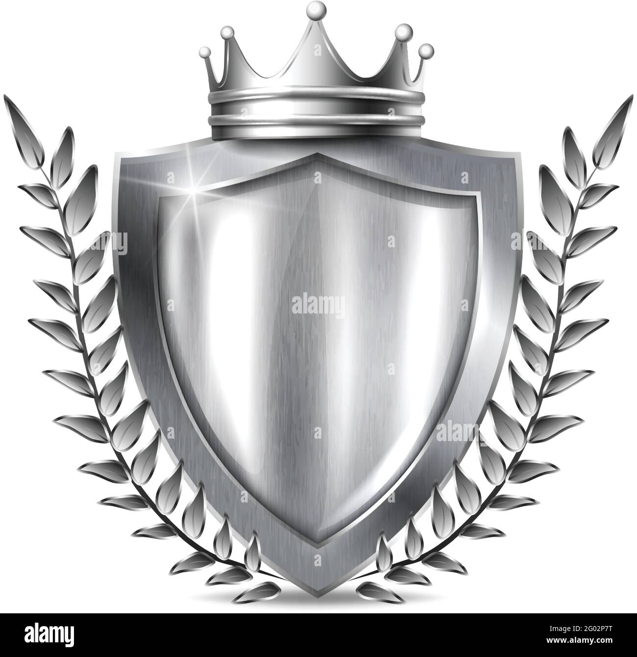 realistic vector metal shield with frame . Blank silver steel metallic panel with silver crown, leaves award trophy or certificate template isolated Stock Vector