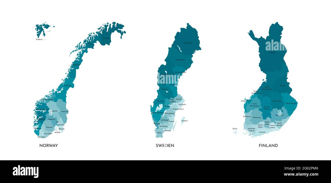 Vector isolated illustration of simplified administrative maps of Norway, Sweden, Finland. Borders and names of the regions (real proportion of states Stock Vector