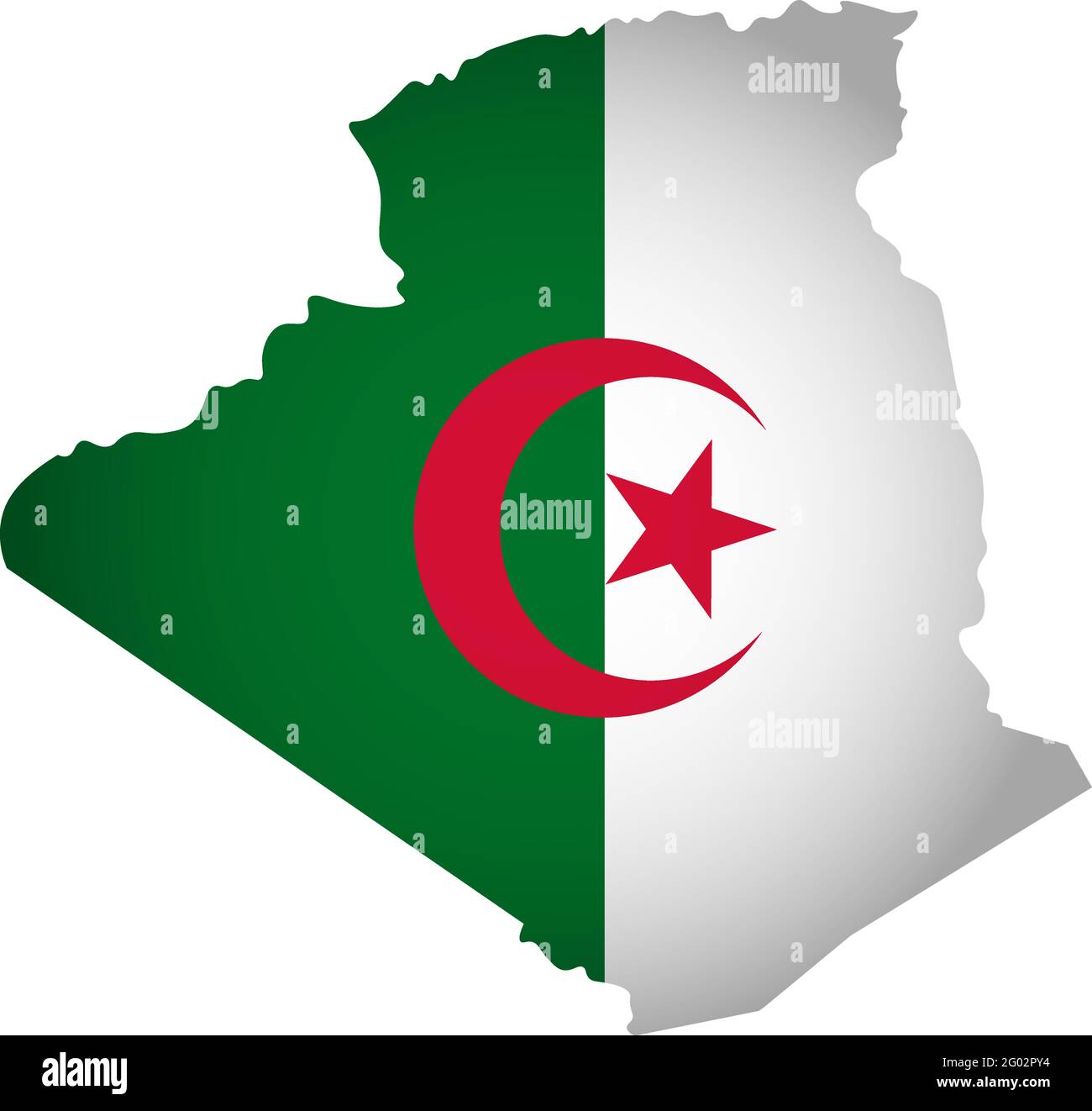 Illustration with Algerian national flag with simplified  shape of Algeria map (jpg). Volume shadow on the map Stock Vector