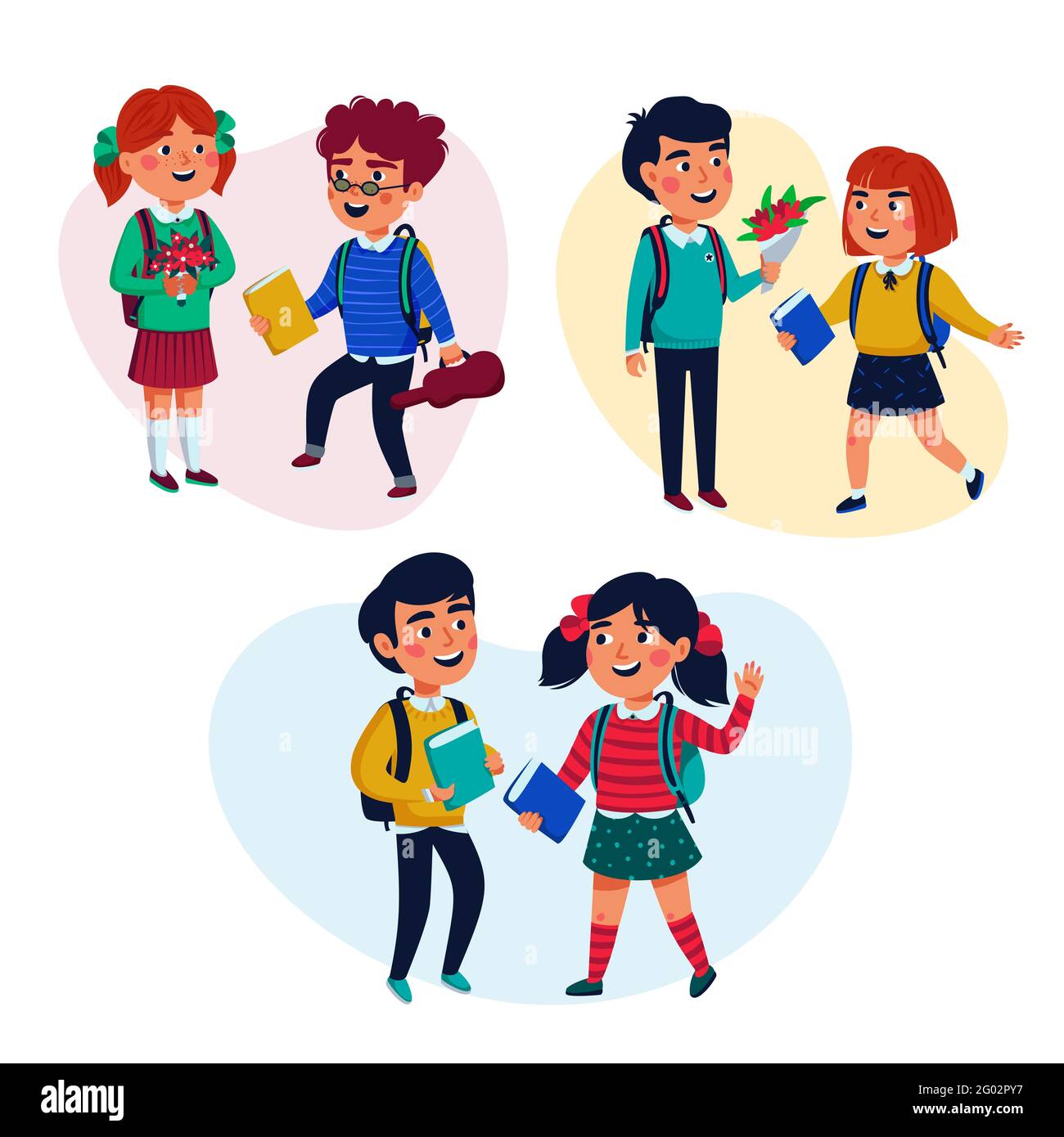 Back to school concept. Pupils, girls and boys with books and backpacks ...