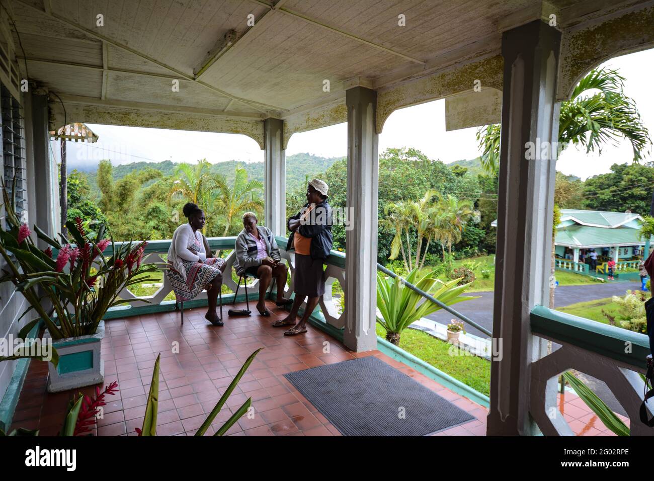 Palm trees and house Carriacou Caribbean Island old style colonial