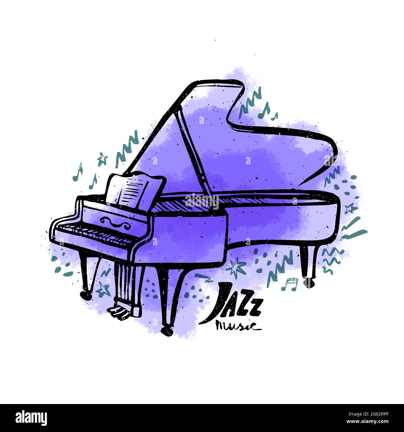 Hand-drawn piano. Jazz music concept. Ink style vector illustration with a  violet watercolor stain on white background Stock Vector Image & Art - Alamy