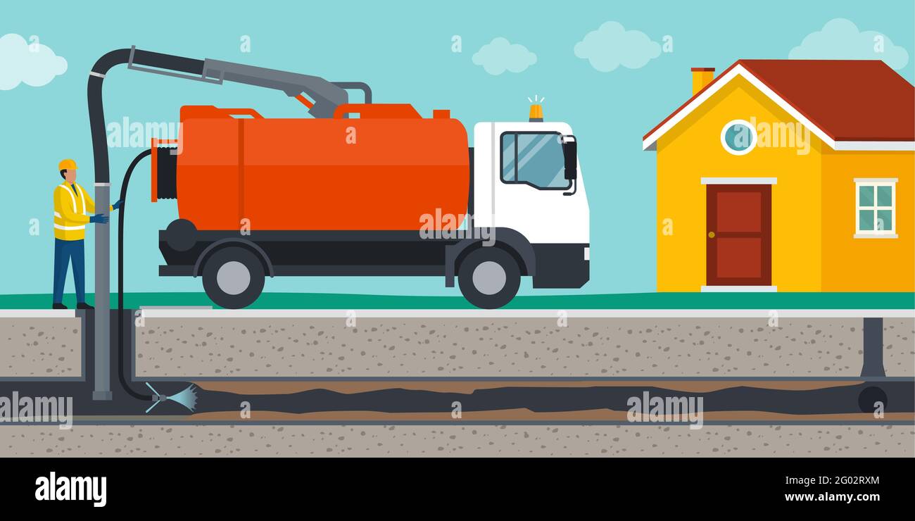 Professional sewer cleaning service worker cleaning a sewer line and