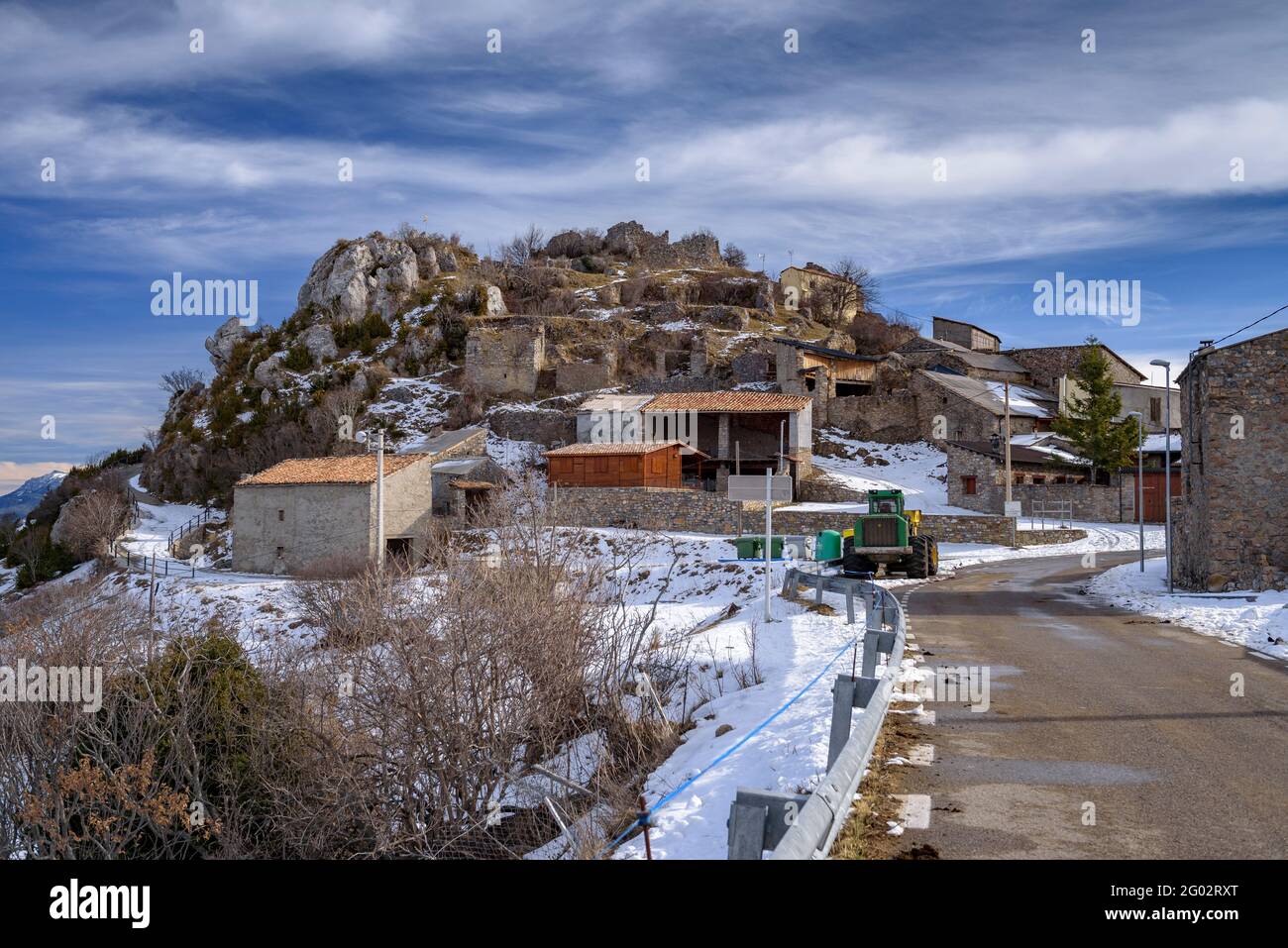 View of the snowy town of La Guàrdia d'Ares in winter, in the Aguilar valleys (Les Valls d'Aguilar, Alt Urgell, Catalonia, Spain, Pyrenees) Stock Photo