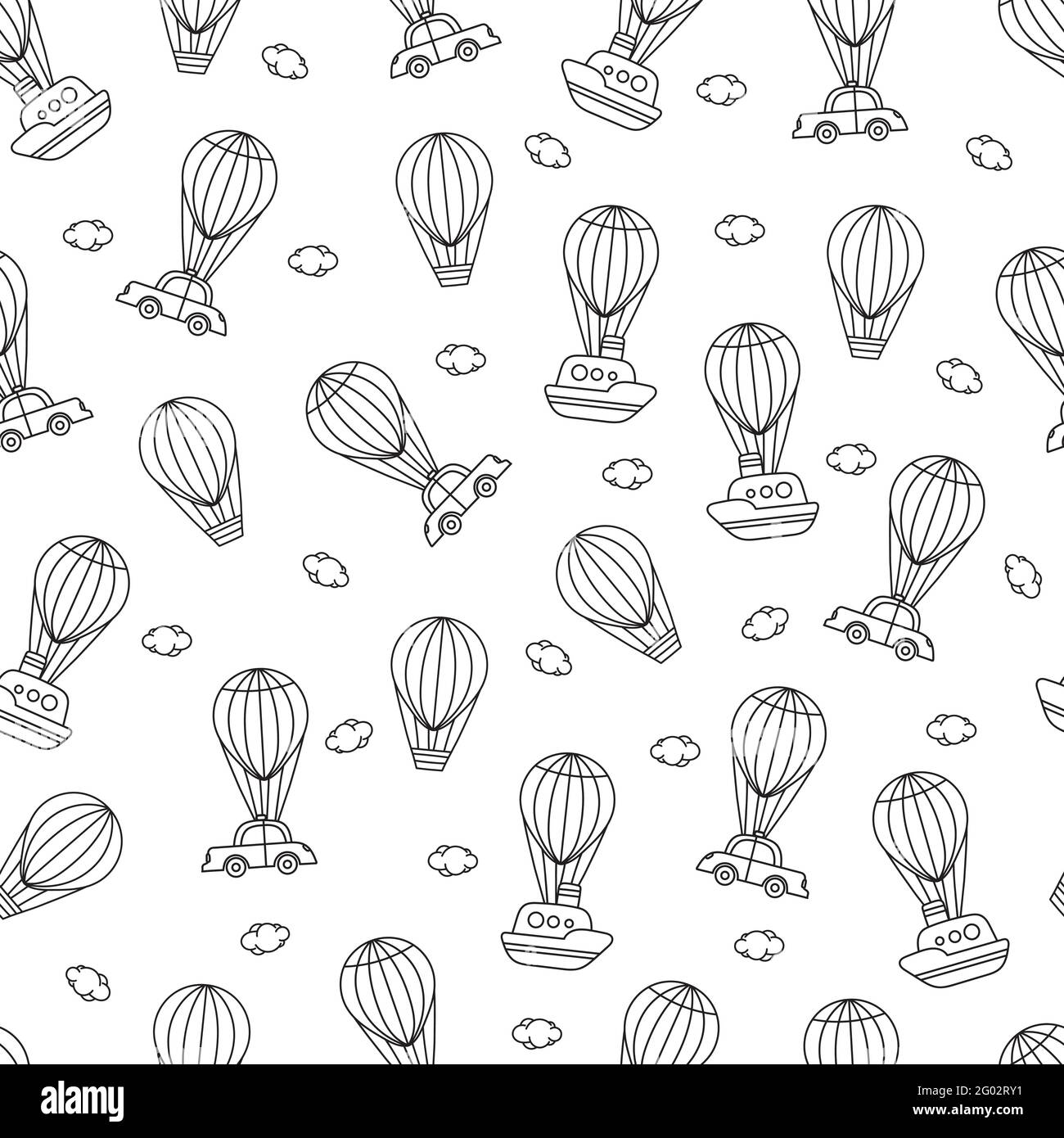 Air balloons. Seamless vector pattern with cute air balloons and clouds, with flying cars and ships. Cute vector illustration Stock Vector