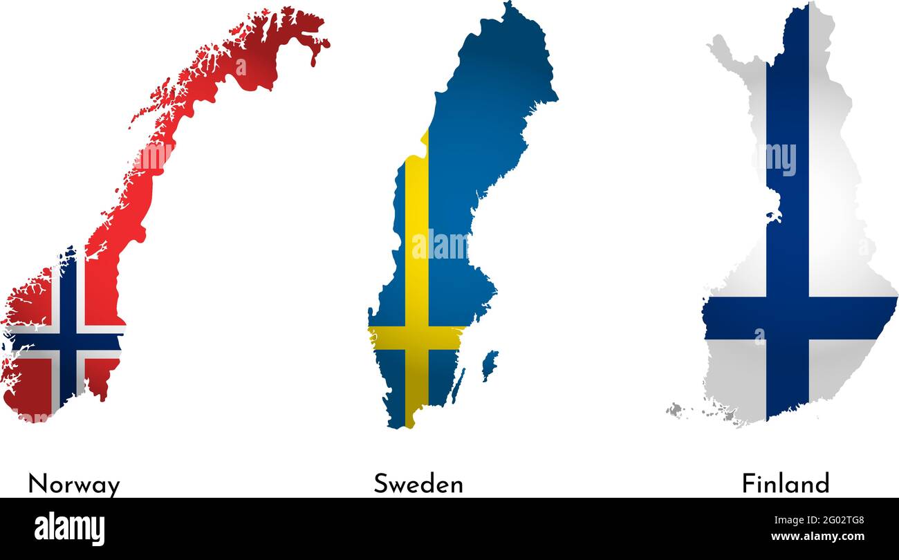 Simplified illustration icons with silhouettes of Finland, Norway, Sweden maps. National flags. White background (jpg). Stock Vector