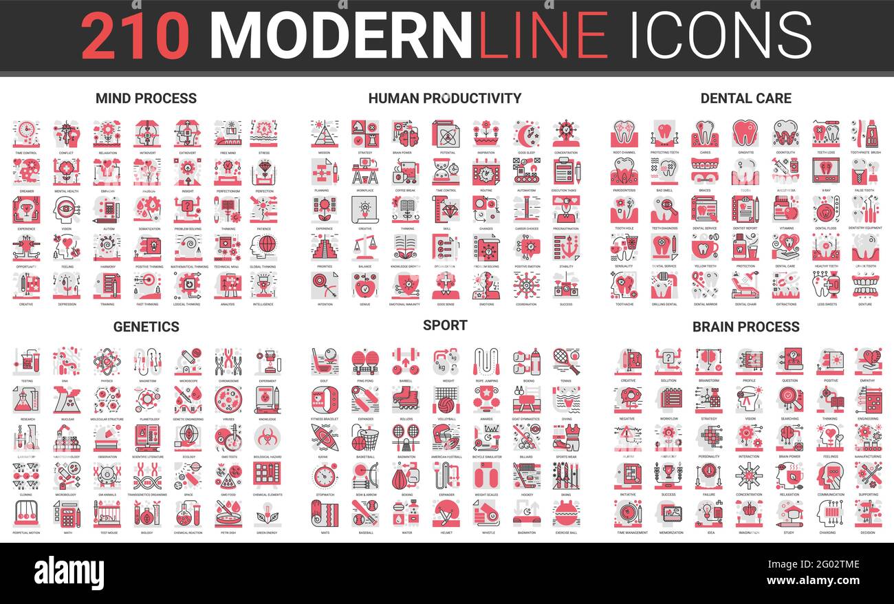 Mind brain process of human work productivity, dental care and genetics medicine thin red black line icon vector illustration set. Fitness equipment for sport training, skills growth collection Stock Vector