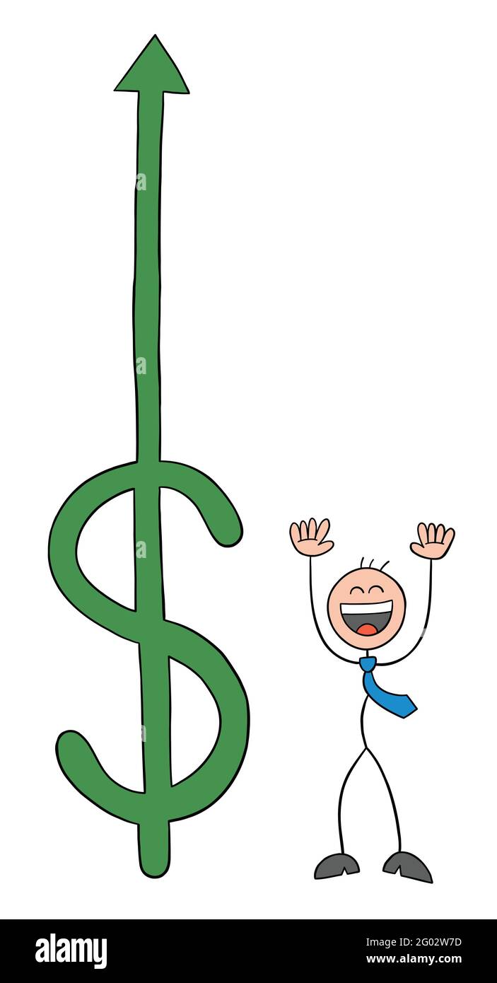 Dollar is rising and stickman businessman character so happy, vector ...