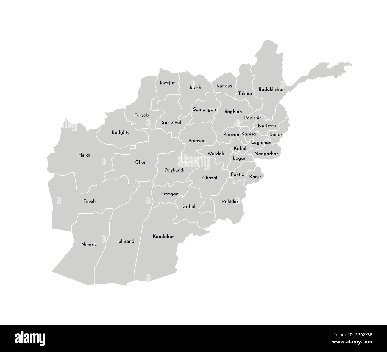 Vector isolated illustration of simplified administrative map of Afghanistan. Borders and names of the provinces (regions). Grey silhouettes. White ou Stock Vector
