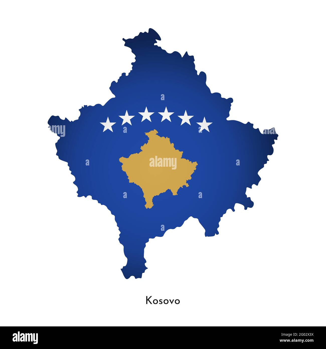 Vector illustration with Kosovo national flag with shape of this map (simplified). Volume shadow on the map. Stock Vector
