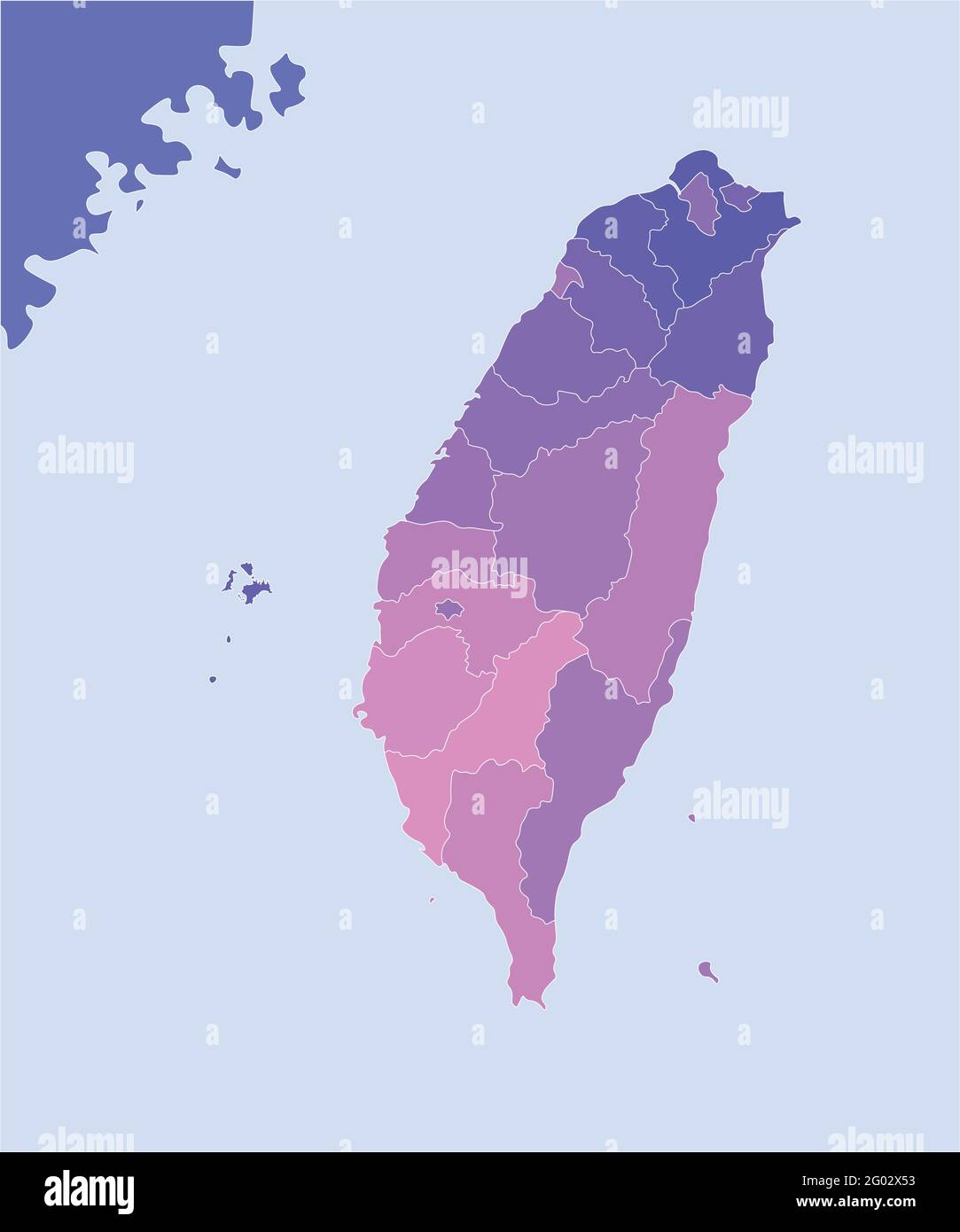 Vector illustration. Simplified geographical  map of Taiwan (Republic of China) and nearest areas. Blue background of seas. Border of taiwanese Stock Vector