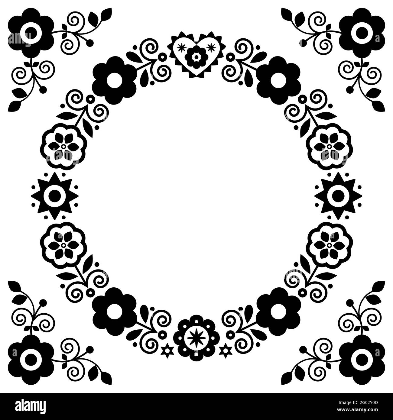 Polish folk art vector round black and white mandala design with flowers and heart inspired by traditional highlanders embroidery Lachy Sadeckie Stock Vector