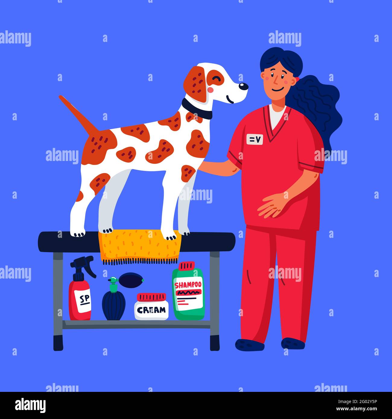 Cute dog at groomer salon. Young girl shearing and combing hunting dog